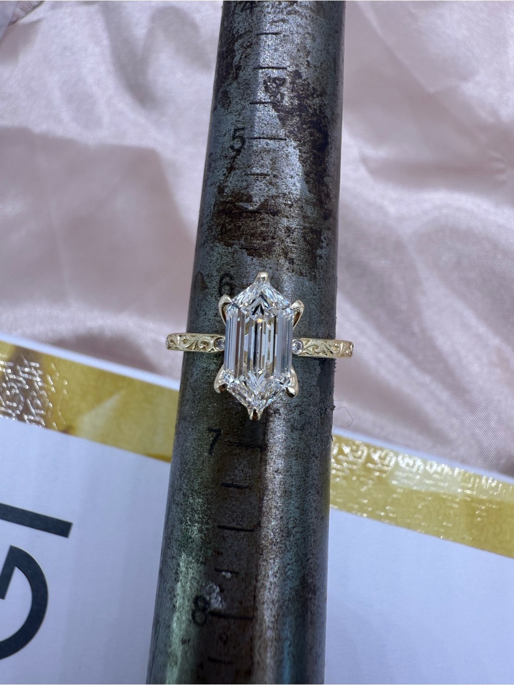 2.06 carat D VVS1 hexagon lab diamond engraved band